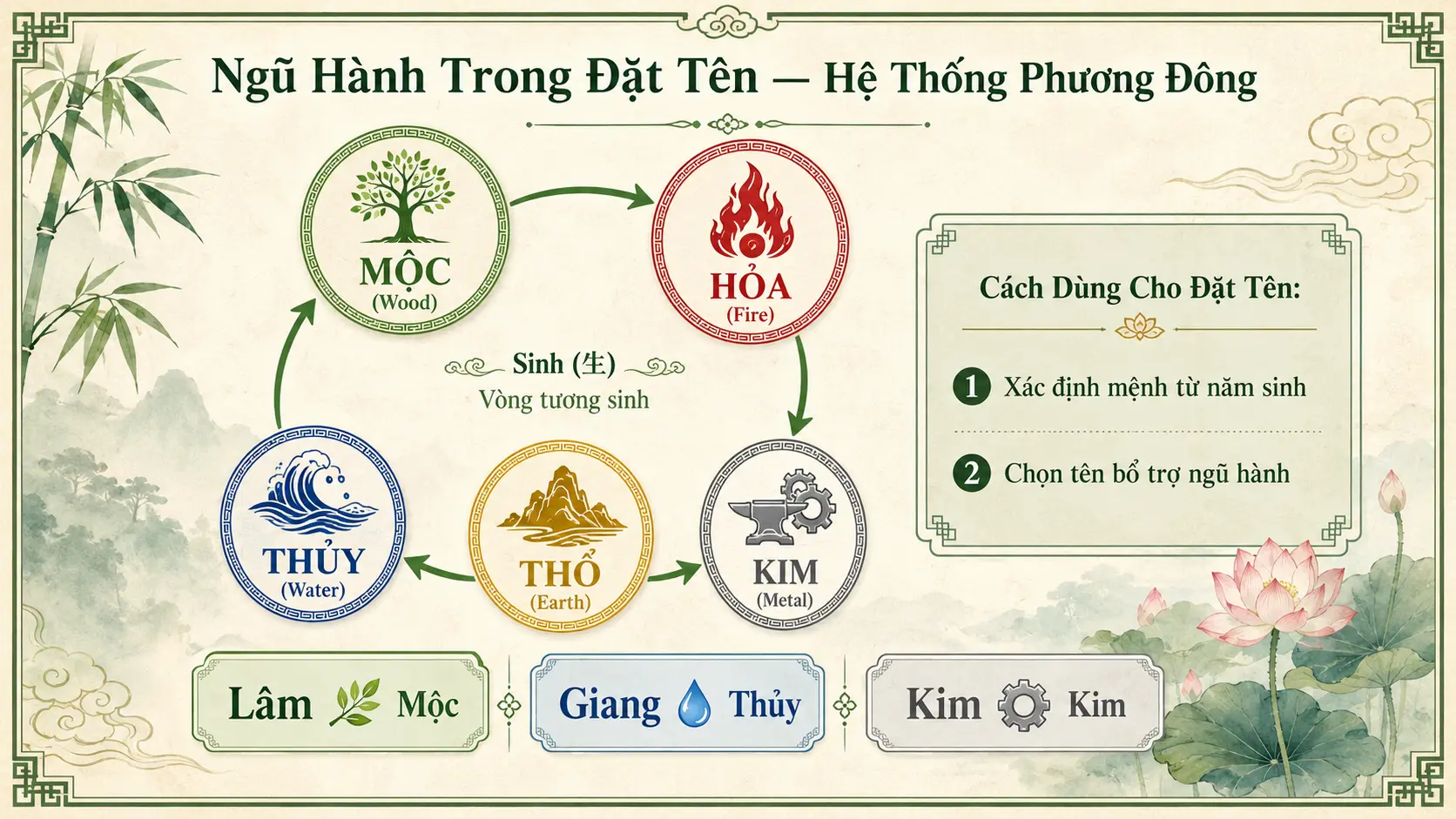 Ngũ hành Kim Mộc Thủy Hỏa Thổ nguyên lý cơ bản trong đặt tên con