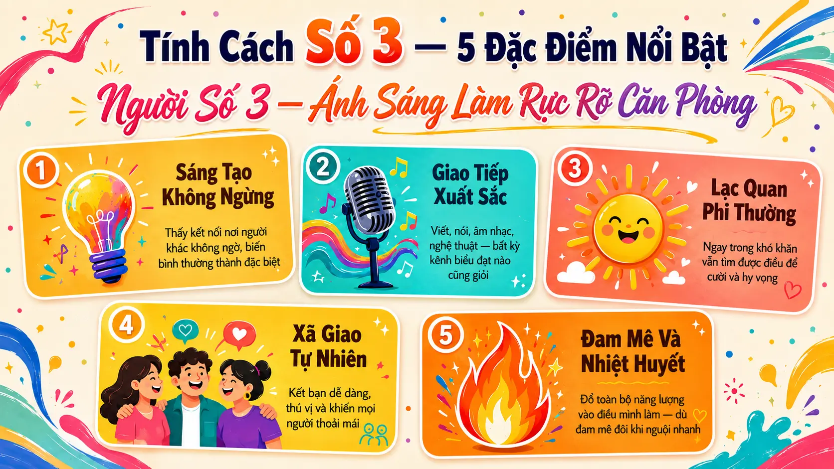 5 đặc điểm tính cách số 3 sáng tạo giao tiếp lạc quan xã giao đam mê