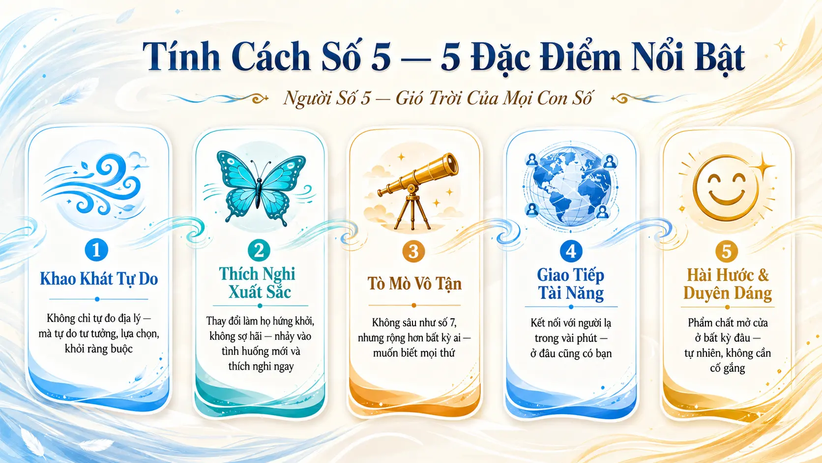 5 đặc điểm tính cách số 5 tự do thích nghi tò mò giao tiếp hài hước