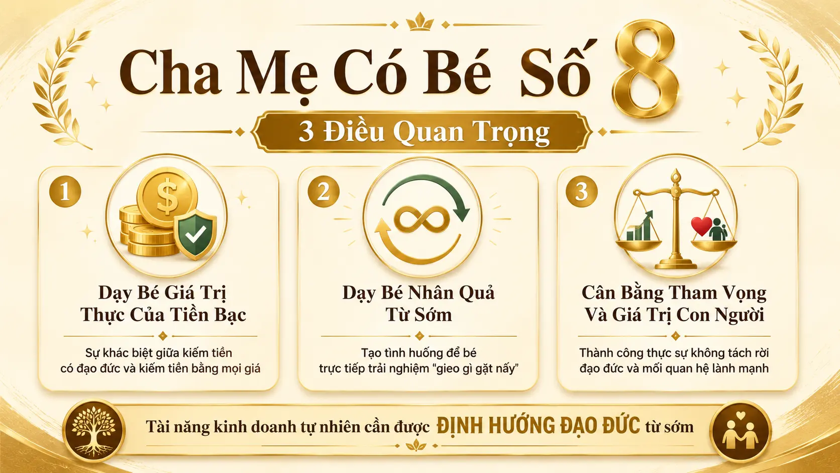 3 lời khuyên nuôi dạy bé số 8 giá trị tiền bạc nhân quả cân bằng đạo đức
