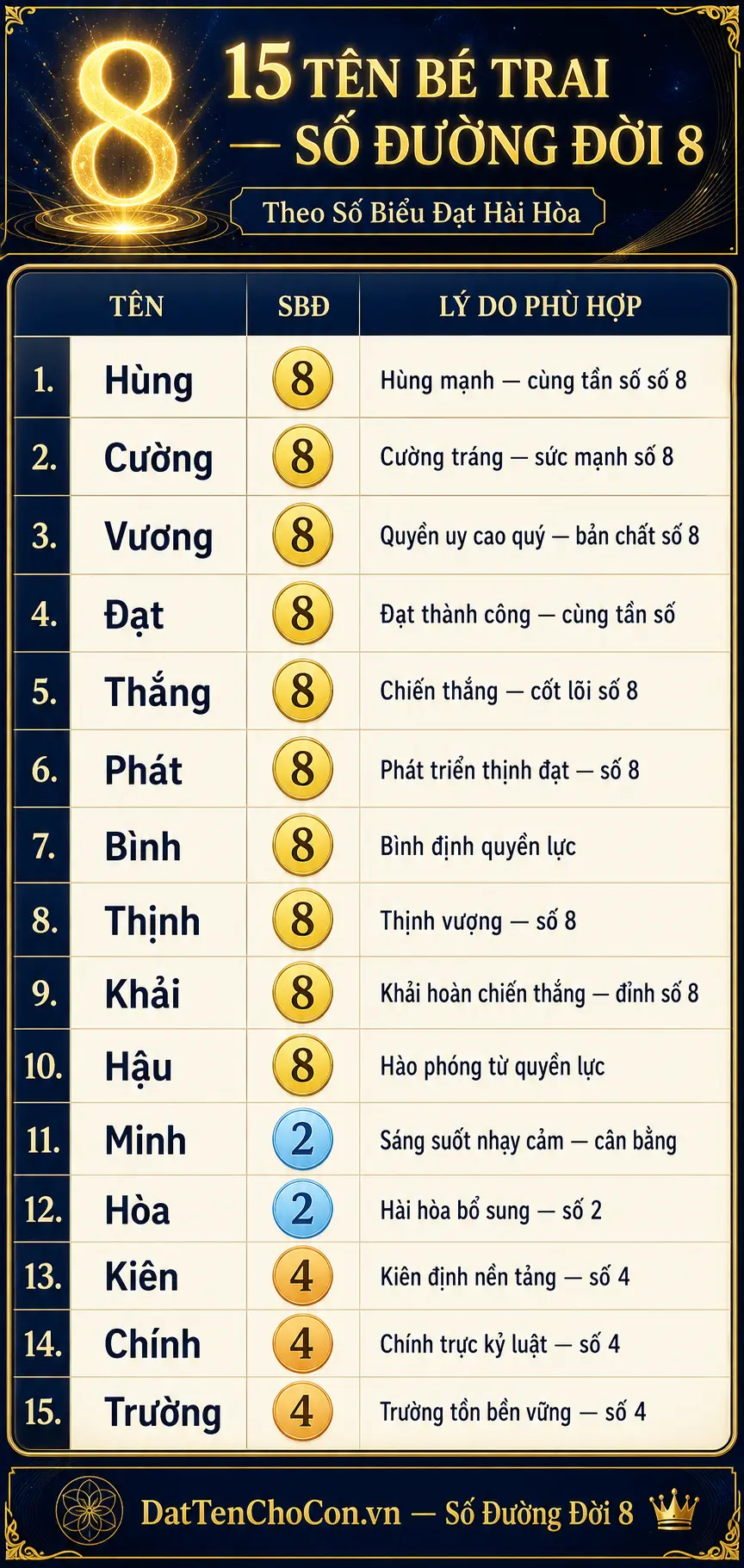 15 tên bé trai phù hợp số đường đời 8 theo số biểu đạt