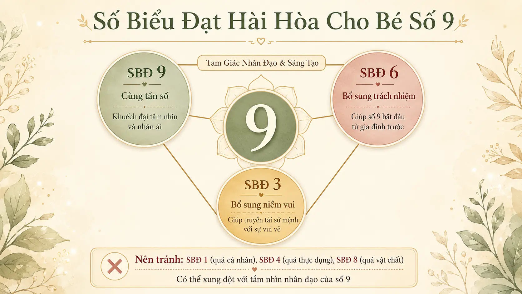 Số biểu đạt phù hợp số đường đời 9 là 3 6 9 tam giác nhân đạo