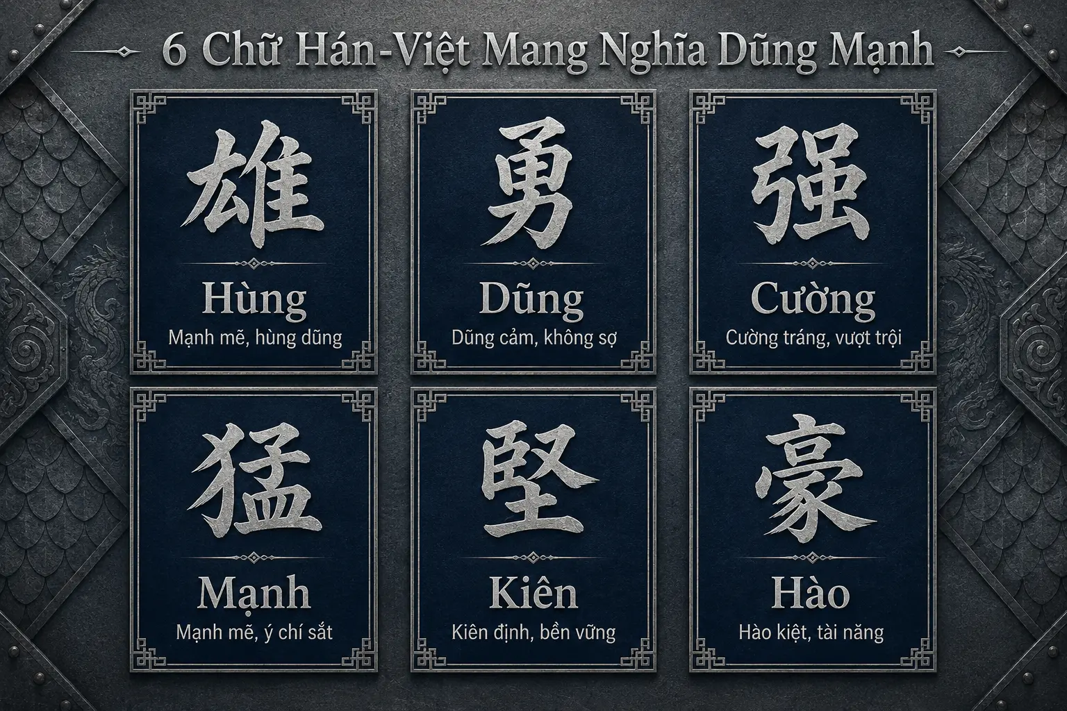 6 chữ Hán Việt mang nghĩa dũng mạnh Hùng Dũng Cường Mạnh Kiên Hào