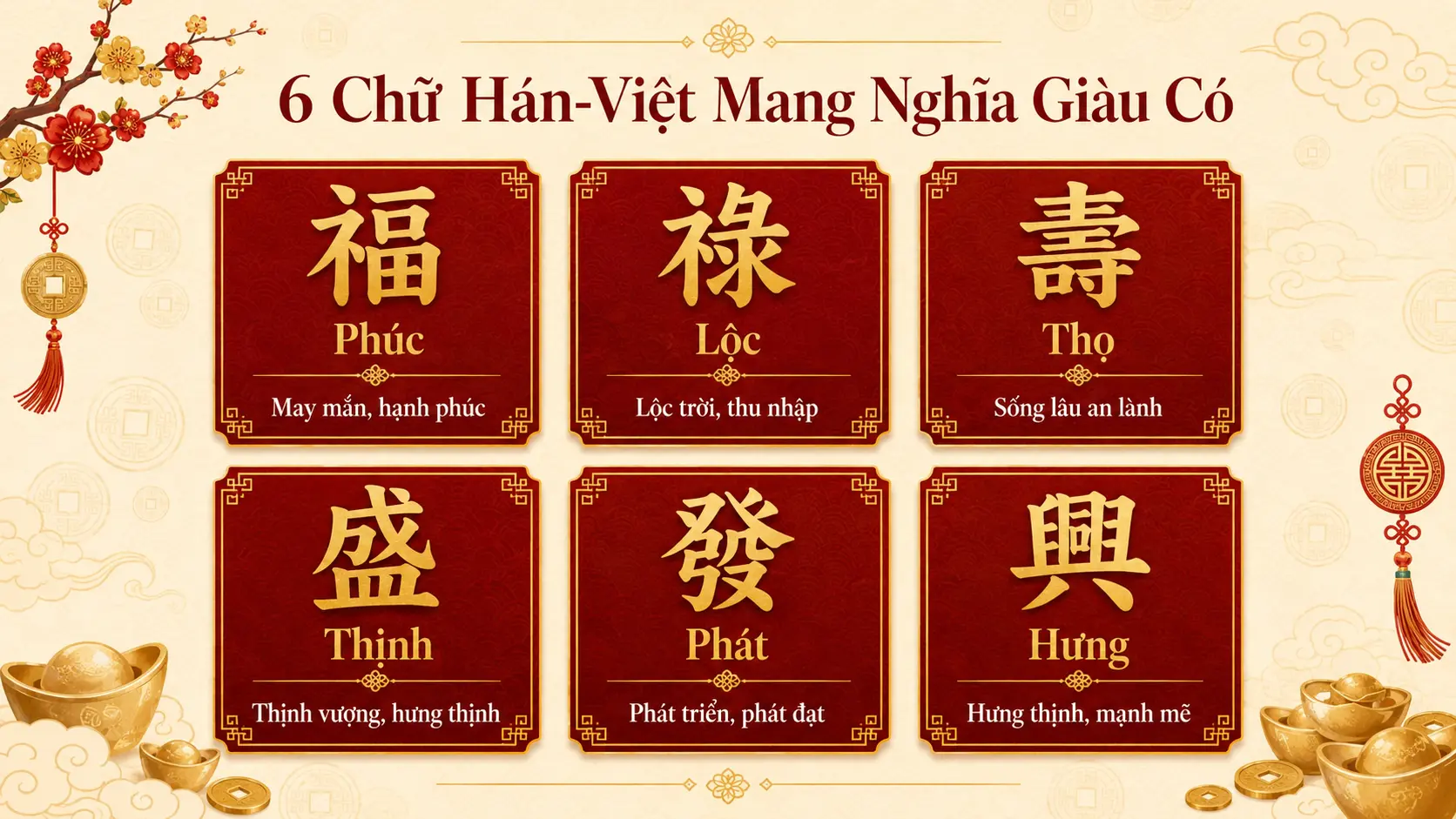 6 chữ Hán Việt mang nghĩa giàu có Phúc Lộc Thọ Thịnh Phát Hưng