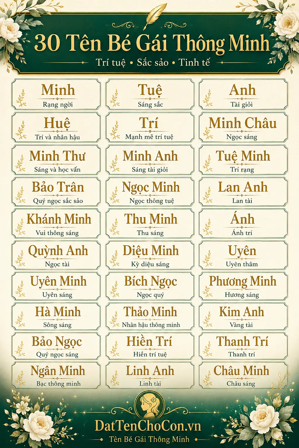 30 tên bé gái có nghĩa thông minh sắc sảo Tuệ Huệ Minh Anh