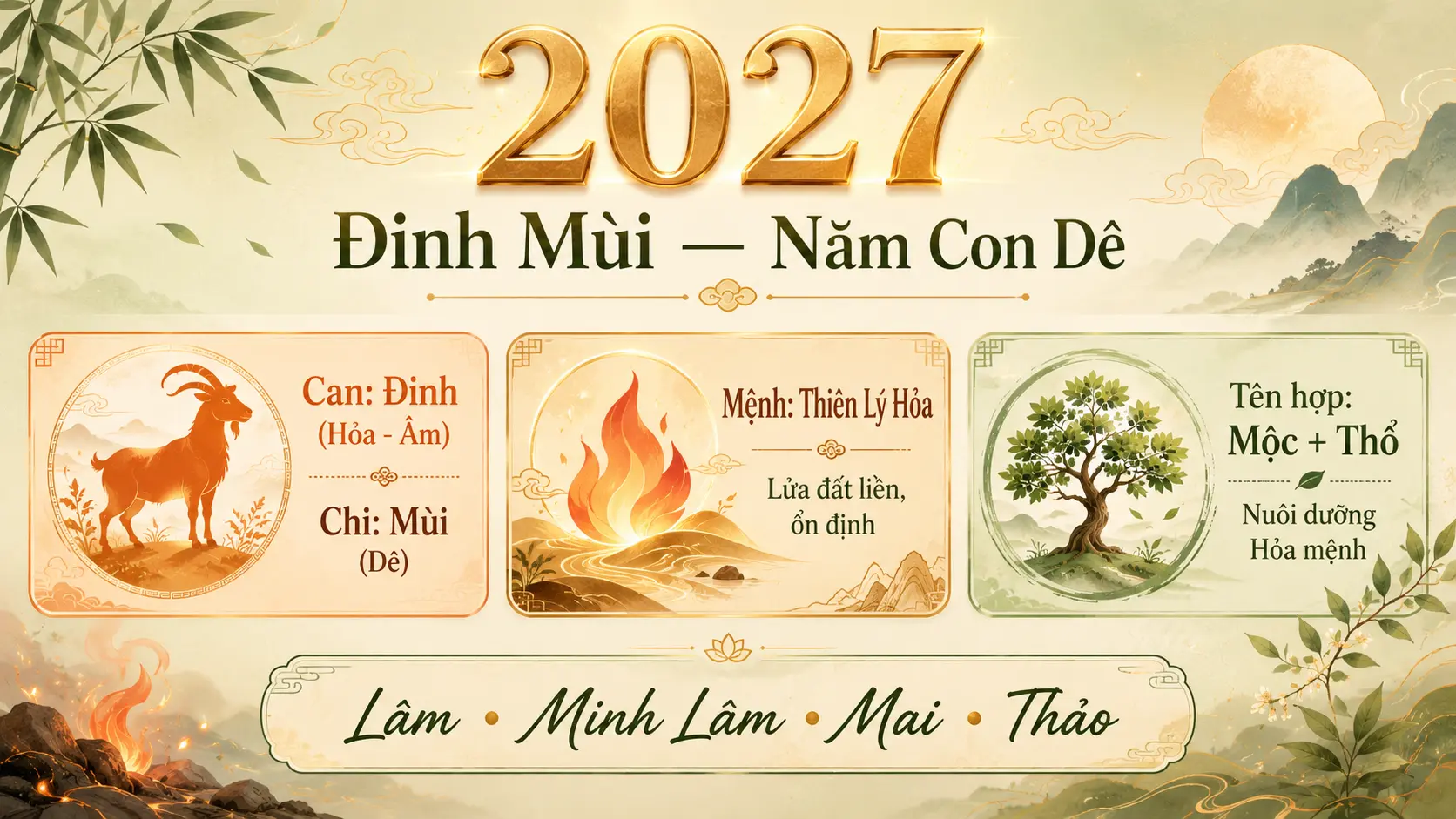 Năm 2027 Đinh Mùi mệnh Thiên Lý Hỏa ngũ hành và tên bé phù hợp